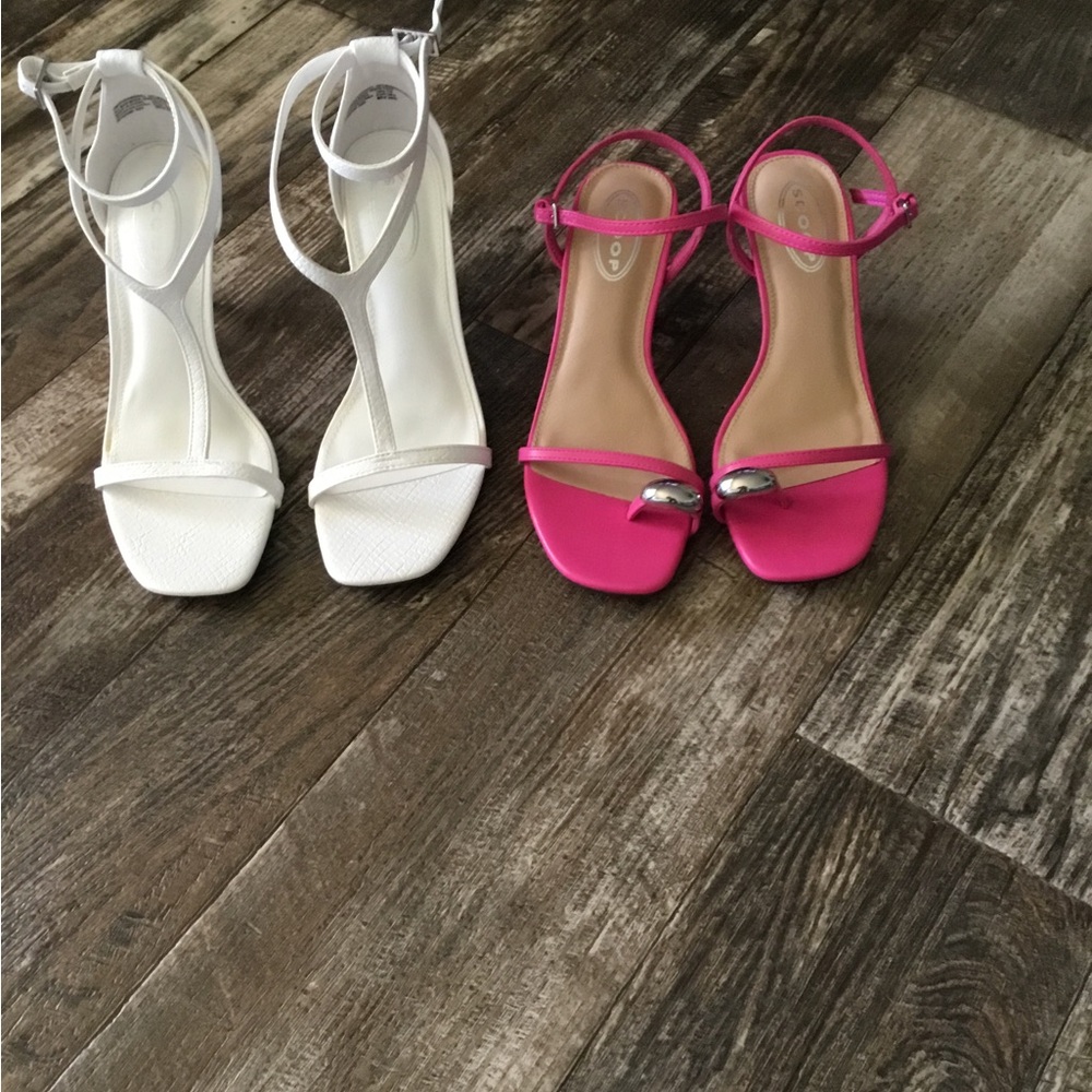 Ankle-Strap Heeled Sandals in White and Hot Pink